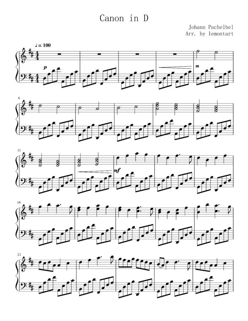 D大调卡农 钢琴谱